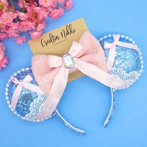 Handmade Blue Princess Pink Bow Sequin Mouse Ears